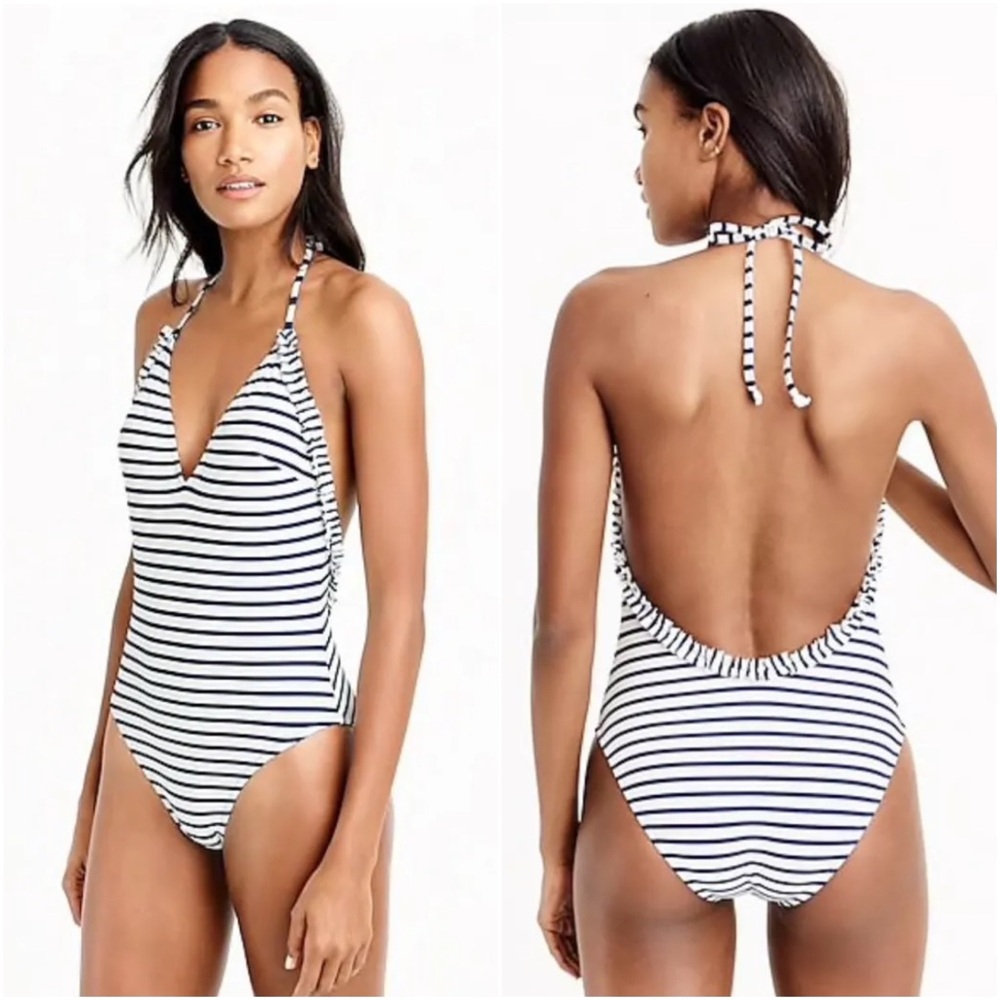 J. Crew Navy Striped Ruffle Ruched Plunge Halter One Piece Bathing Swimsuit